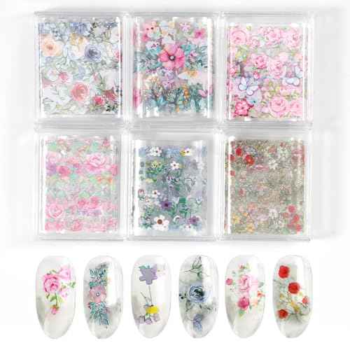 DANNEASY 6 Boxes Flower Nail Art Foil Transfer, Floral Spring Nail Stickers Foil Sheets, Starry Sky Nail Foils, Holographic Manicure Decals for Women Girls Manicure Tips Supplies