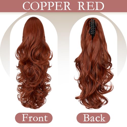 FELENDY Ponytail Extension Claw 18" Copper Red Curly Wavy Clip in Hairpiece One Piece A Jaw Long Pony Tails for Women