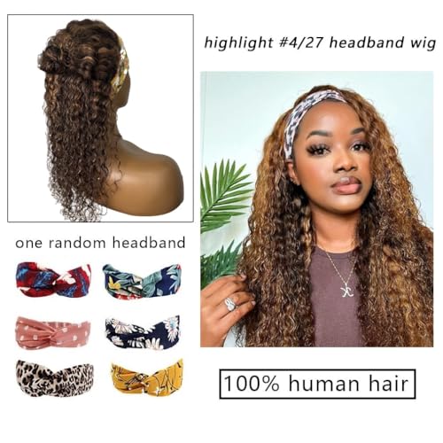 Highlight Headband Wig Human Hair Deep Wave 4/27 Ombre Curly Human Hair Headband Wigs for Black Women Glueless None Lace Front Brazilian Virgin Wig Wear and Go 150% Density 22 Inch