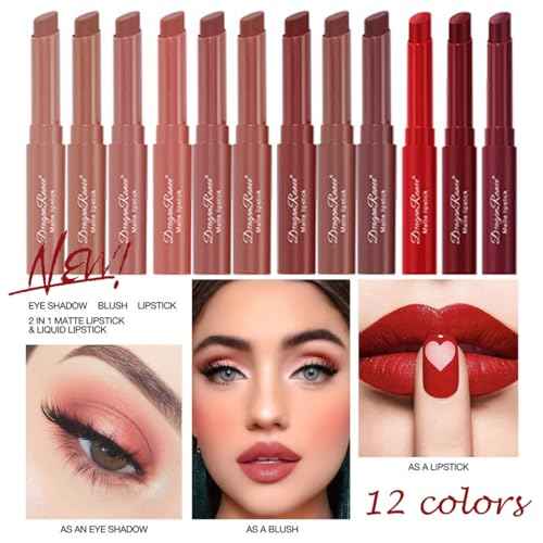 3 Colors Red Tube Lipstick, Cigarette Lipstick Set, Labiales Mate Velvet Lipstick Moisturizer & Smooth, Long Lasting 24 Hours Waterproof (Set A)