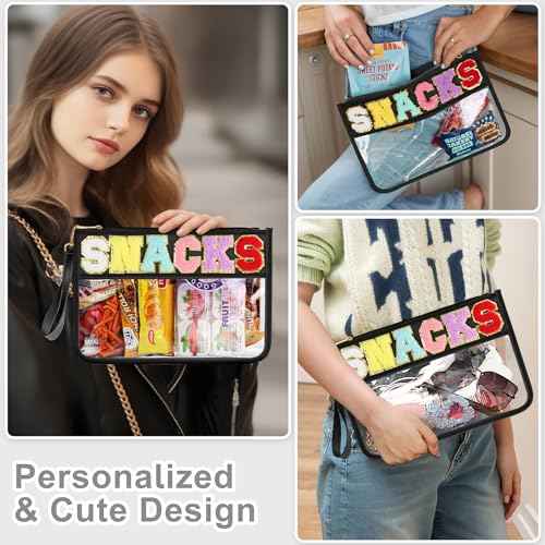 Snack Bag for Travel - Clear Chenille Varsity Letter Flat Pouch with Zipper, 12.2¡¿8.46 inch Waterproof Clear Nylon Preppy Patch Makeup Cosmetic tote Bags for Women Girls