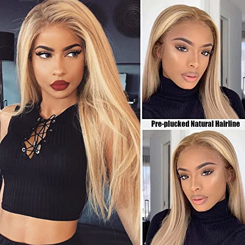 Smavida Highlight Blonde Lace Front Wigs Human Hair Ombre 13x4 Transparent Honey Blonde Glueless Lace Frontal Wig 100% Brazilian Remy Human Hair for White Women 16" (Can Be Curled)