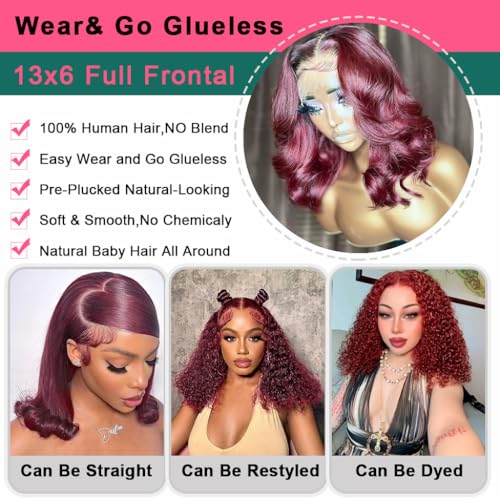 13x6 Bob Wig Human Hair 200 Density 99j Burgundy Lace Front Wigs Human Hai.r Glueless 13x6 Body Wave HD Lace Front Wigs Human Hair Pre Plucked Short Wine Red Bob Wigs for Black Women 16 Inch