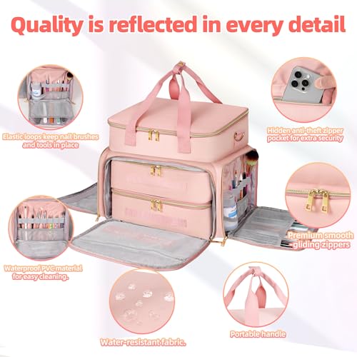 Nail Polish Organizer Case for 96 Bottles ? Waterproof Travel Bag with Hard Bottom ? Double Layer Nail Storage Bag with Adjustable Dividers & Nail Lamp Compartment ? for Home or Salon Use