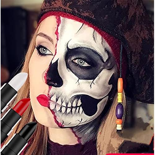 Go Ho 3 PCS Makeup Clown White Cream-Blendable Stick-Eye Black Sticks Face Body Paint Professional Halloween SFX Makeup,Safe Facepaint Nose&Lip Smacking for Sports Festival Make up(White+Black+Red)