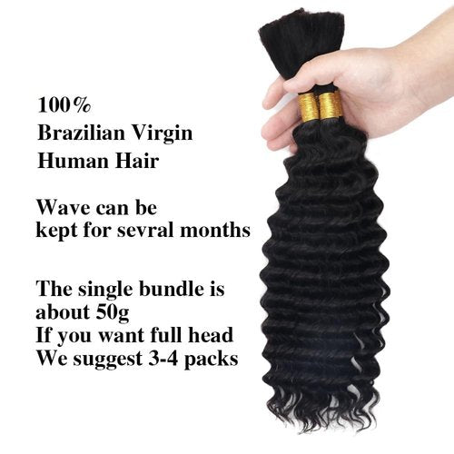 Hailookmey Human Braiding Hair for Boho Braids 150g Deep Wave Human Hair for Braiding 3 Bundles/Pack No Weft Curly Human Hair Extensions for Braids (Natural Black Color,24 Inch)
