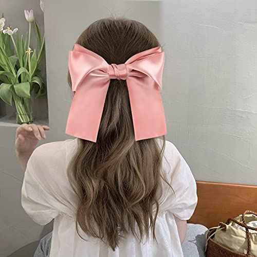 Lawie 8 Pack Bowknot Hair Accessories - 6 Inch Long Satin Barrettes, Big Bows for Girls and Women, Pink Red Blue Green Black Christmas Colors