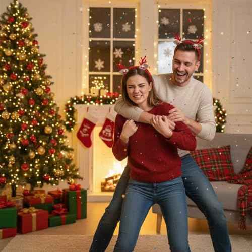 Glitter Red Reindeer Antlers Headband with Pom Poms, Christmas Hair Accessory for Women Girls Teens, Xmas Party Costume with Santa & Tree