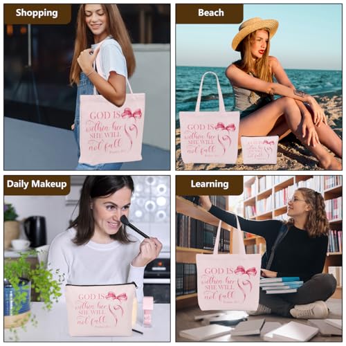 Christian Gifts for Women, Girls Preppy Bow Canvas Tote Bag Makeup Bag Set, Inspirational Bible Verse Religious Gifts Anniversary Nurse Mothers Day Reusable Grocery Bags Travel Cosmetic Bags