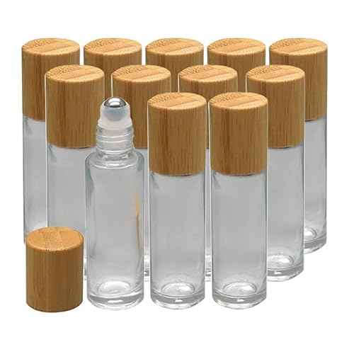 12Pcs 10ml Glass Roll On Bottle with Bamboo Lid for Essential Oils, Creatiee Eco-friendly Refillable Clear Perfume Sample Bottles with Stainless Steel Roller Ball - Portable & Practical¡¦