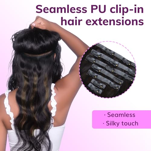 IDN BEAUTY Seamless Clip In Hair Extensions Human Hair, Body Wave 16 Inch 110g 7pcs, 1B/6/1B Balayage Natural Black to Chestnut Brown Remy Hair Seamless Clip Ins For Black Women PU Invisible Edge