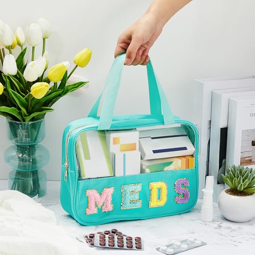 Geetery Chenille Letter Bag, Preppy PVC Nylon Makeup Portable Cases Preppy Patch with Zipper Cosmetic Clear Travel Toiletry Storage Bag for Women(Green,Novel Meds)