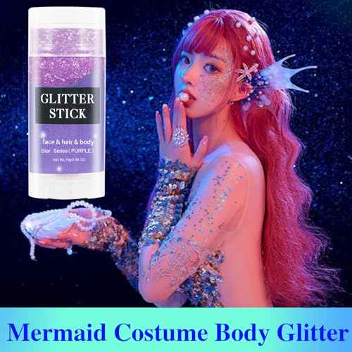 MEICOLY Purple Hair Glitter Stick,Halloween Mermaid Face Glitter Paint,Mardi Gras Outfit for Women Accessories,Waterproof Body Glitter Chunky Makeup,Body Glitter for Spirit Week Costume
