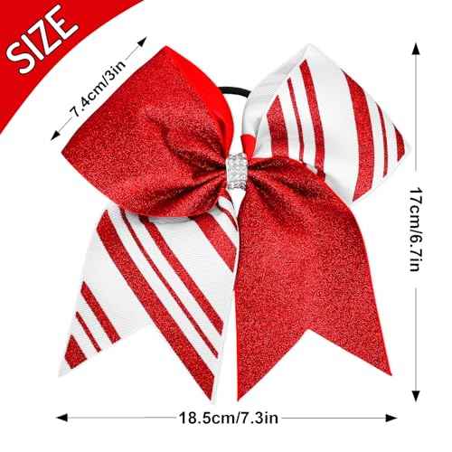 4Pcs Christmas Cheer Hair Bows Scrunchies Glitter Red Candy Striped Ribbon Bowknot Hair Ties Xmas Ponytail Holder for Women Winter Birthday Costume Supplies