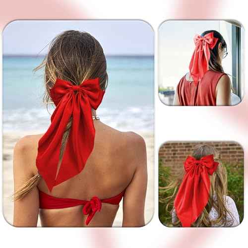 Hair Bows for Women, 2Pcs Burgundy Red Bow Hair Clips for Girls, Silky Satin Hair Bows Clips Long Tail, Large Hair Barrettes Cute Aesthetic Hair Accessories