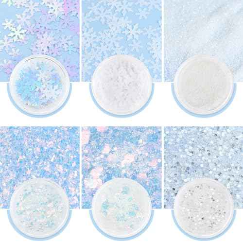 6 Boxes Winter Snowflake Nail Art Glitter Sequins 3D Holographic Christmas Nail Art Flakes White Nail Glitter Powder Snowflakes Hexagon Design Xmas Snow Confetti Glitter Makeup DIY Manicure Decoration