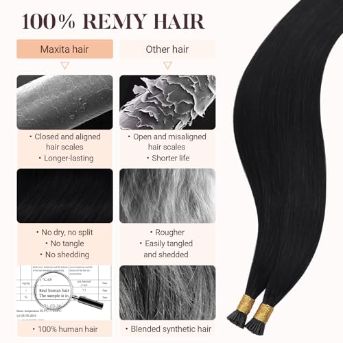 MAXITA I Tip Hair Extensions Human Hair,Jet Black 100g/50s 18 Inch, Comfortable Wear, 100% Remy Human Hair, Real Human Itip Keratin Hair Extensions