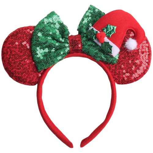 Christmas Bow Headbands Red Mouse Ear Hairbands Green Glitter Bow Hair Hoop Red Christmas Hat Headband Design Red Green Glitter Bow Headband Headband for Christmas New Year Party Hair Accessories