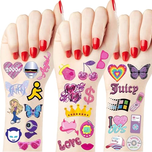 Y2K Temporary Tattoos Stickers 2000's Pink Retro Birthday Party Favors Decorations Supplies for Boys Girls Gifts Classroom School Prizes Rewards 20 Sheet