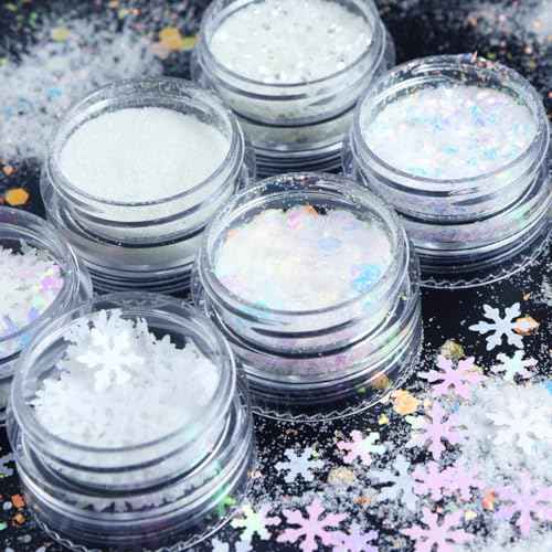 6 Boxes Winter Snowflake Nail Art Glitter Sequins 3D Holographic Christmas Nail Art Flakes White Nail Glitter Powder Snowflakes Hexagon Design Xmas Snow Confetti Glitter Makeup DIY Manicure Decoration
