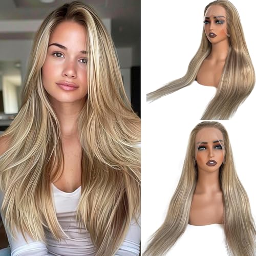 Balayage Ash Blonde Wig Human Hair Glueless 13x4 Lace Front Wigs Pre Plucked 18 Inch Straight Ash Brown to Ash Blonde with #60 Blonde Highlight Wig 180% Density