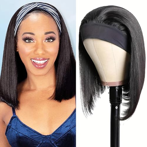 12 Inch Short Straight Headband Bob Wigs Glueless Headband Wig Human Hair Short Straight half wigs for Black Women 180% Density No Lace Headband Wig Natural Color Easy Put On