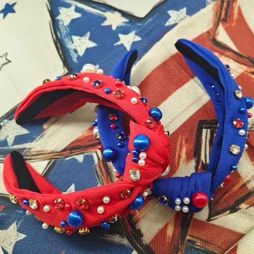 2pcs 4th of July Headband for Women Red and Blue Pearl Knotted Headband American Patriotic Element Pearl Rhinestone Jeweled Hairband Fourth Band American Independence Day Hair Accessories Gifts