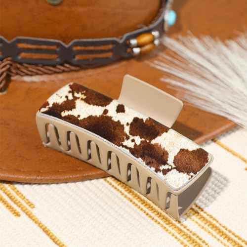 DEEKA Real Leather Large Western Hair Clips Cow Printed Cowhide Tooled 4" Hair Claw Clips Gifts for Thick Hair Country Girls Cowgirl Stuff Western Hair Accessories Gift for Women and Girls -Brown