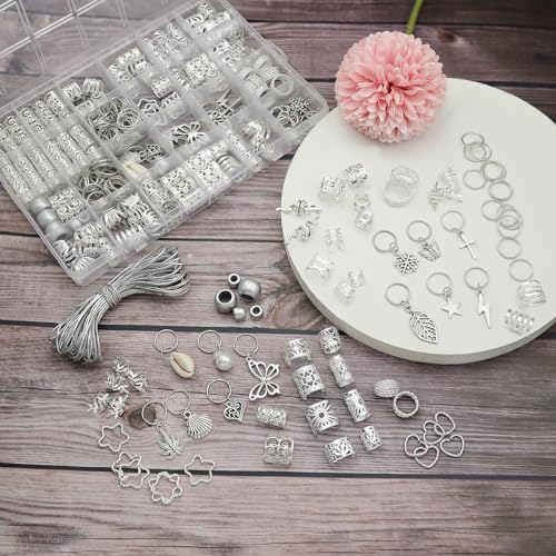 Fscwlmon 309Pcs Hair Jewelry for Women Braids,Hair Loc Cuff Coils Rings for Dreadlock Accessories,Locs Hair Tube Beads Decorations,Braid Clips Hair Charms Braids Accessories Silvery
