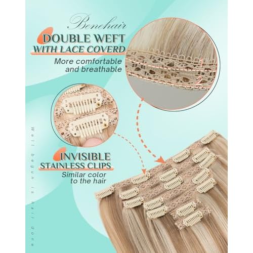 Benehair Clip in Hair Extensions Real Human Hair 22inch Double Weft Golden Brown Mixed Bleach Blonde Hair Extensions Clip in Human Hair Lace Weft Straight Hair Extensions Clip ins 7pcs 130g #12P613
