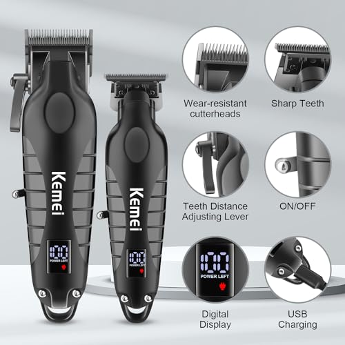 Kemei Hair Clipper and Trimmer Set Professional Cordless Hair Clipper for Men Electric Beard Trimmers Barber Hair Cuttings Kit, T Blade Trimmers for Men with LCD Display, KM-2290£¬KM-2293