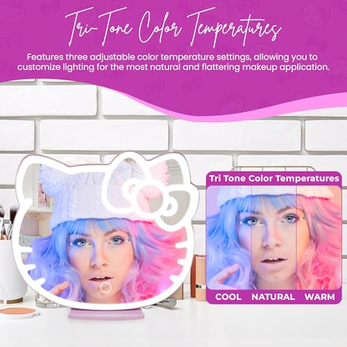 Impressions Vanity Supercute Hello Kitty Tabletop Desk Mirror with Lights and Touch Sensor Switch, Adjustable Tri Tone LED Lighted Makeup Mirror with Hidden Extendable Tray and Phone Holder