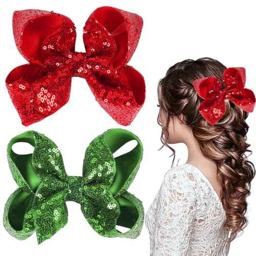 Red Green Hair Bows Clips Christmas 5 Inches Glitter Sequins Hair Bows Clips Ribbon Hairpin Cheer Alligator Clips Bows Hairpins Barrette for St. Patrick's Day Holiday Girls Women 2PCS
