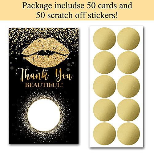 Haizct 50 Pack Thank You Blank Gifts Certificate Scratch Off Cards for Small Business, Spa Beauty Makeup Hair Salon, Bridal Shower, Baby Shower, Country Wedding (Golden Lip Gloss)-GK095