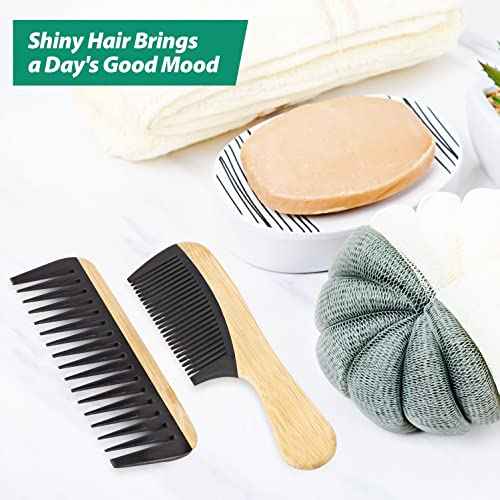 5 Pcs Handmade Bamboo Anti-Static Comb Set for Women and Men - Wide Tooth, Rat Tail, and Fine Tooth Combs for Long, Short, Thick, Thin, Wavy, and Curly Hair Detangling (Natural + Black)