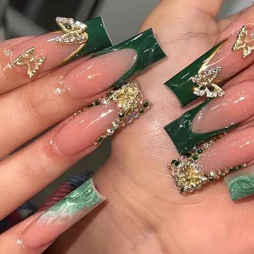 Square Press on Nails Long Fake Nails Green French Tip False Nails with 3D Butterfly Rhinestones Design Nude Pink Artificial Acrylic Nails Full Cover Glossy Spring Stick on Nails for Women Girls 24Pcs