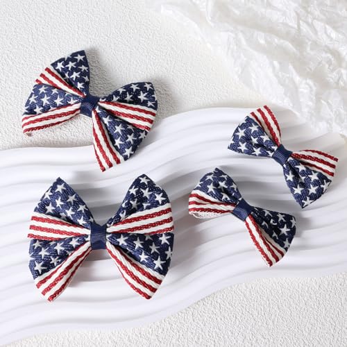 4 Pcs Girls American Flag Hair Bow Clips Patriotic Red White and Blue Stars Stripes Alligator Hair Pins Barrette July Fourth Independence Memorial Day Outfit Decor Accessories Gift