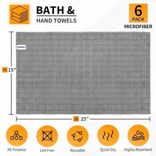 HOMERHYME Microfiber Hand Bath Towels, 6 Pack 25''*15'' Grey Bathroom Hand Towels, All-Purpose Quick Dry Lint Free Soft Absorbent Checkered Washcloth Fingertip Towels Bulk for Travel Gym Hotel