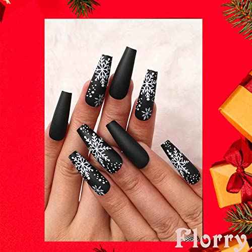 Florry Extra Long Coffin Fake Nails Christmas Snowflake Press on Nails Matte Acrylic Nails for Women and Girls 24Pcs (Snowflake)