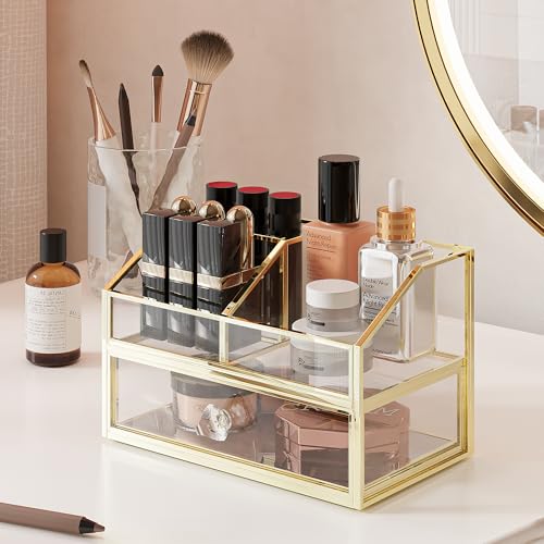 FSyueyun Makeup Organizer for Vanity, Clear Glass Drawer Organization and Storage Jewelry Display Case Gold Cosmetics Storage Lipstick Organizer Tray Perfumes for Bathroom Counter or Dresser