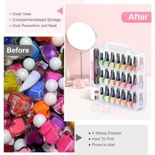 Beloving Nail Polish Organizer, 48 Bottles Transparent Nail Polish Holder with Adjustable Divider, Gel Nail Polish Storage Double Side Nail Polish Organizer Case for Storage Display