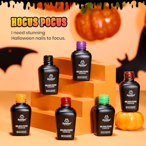 Beetles Halloween Gel Nail Polish Set - Hocus Pocus 6 Colors Gel Polish Kit, Orange Green Purple Black Red Glitter Fall Colors, Soak Off Nail Lamp UV LED Cured Nail Art Design Manicure Gift for Women