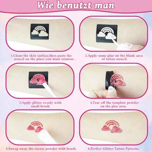 12 Color Temporary Glitter Tattoo Kit for Kid, with 92 Stencils, 2 diamond stickers, 2 Glues & 5 Brushes, Adults & Kids Arts Glitter Make Up Kit, Beautiful Holiday Gifts for Girls & Boys.