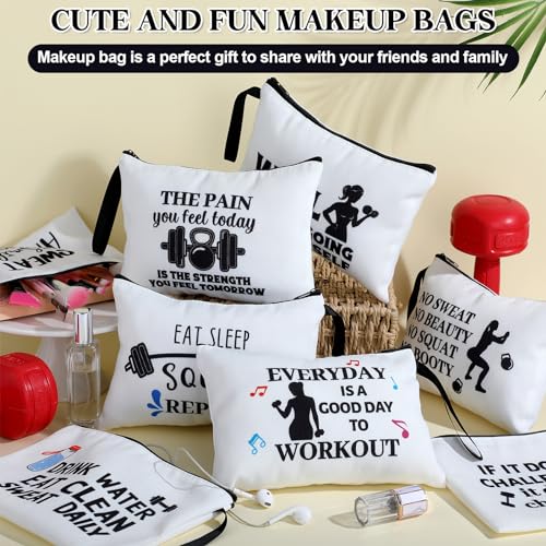 8 Pcs Workout Cosmetic Bags Workout Gifts Funny Sports Lover Gym Gifts Gym Fitness Makeup Bags for Women Body Builder Zipper Pouch for Fitness Bodybuilding Lovers