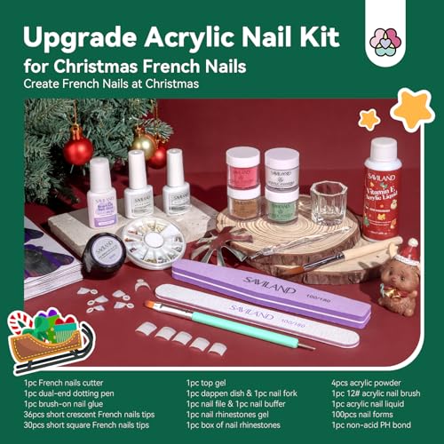 Saviland Acrylic Nail Kit for Starter: 4 Colors Acrylic Powder EMA Monomer Liquid Nail Brush(12#) for Extension Christmas Gift Set