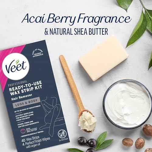 VEET Sugar Wax Strips For Women's Body Hair Removal, Bikini Hair Removal Kit, Pubic, Dermatologically Tested For Body & Intimate Areas, 40ct Wax Strips with Shea Butter & 4ct Wipes