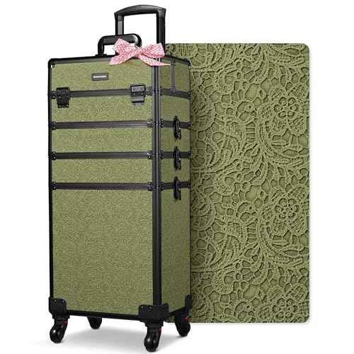BYOOTIQUE 4in1 Cosmetology Cases on Wheels Rolling Makeup Organizer Cart Professional Nail Tech Storage Hairdressing Brush Bags for Nail Artist Beauty Barber Salon Hairstylist,Rococo Moss