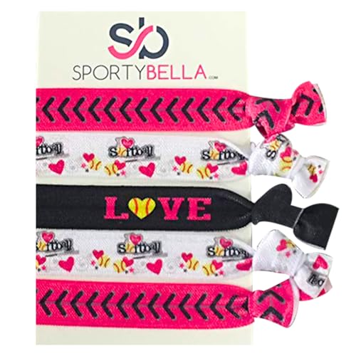 Infinity Collection Softball Hair Ties, Pink, White, Black Hair Accessories for Girls, Softball Player and Softball Teams, 5 Ponytail Holders