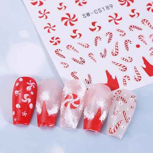 5 Sheets Christmas Nail Stickers for Nail Art - SHANRUN 3D Xmas Nail Art Stickers Self Adhesive Candy Cane Tree Flowers Light Strip Design Winter Nail Decals Supplies for Nail DIY Holiday Decoration