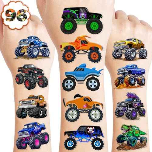96 PCS Monster Truck Race Car Pre-Cut Temporary Tattoos for Kids | Super Cute Themed Birthday Party Favors, Supplies, Decorations, Fake Tattoo Stickers, Rewards & Gifts for Boys Girls